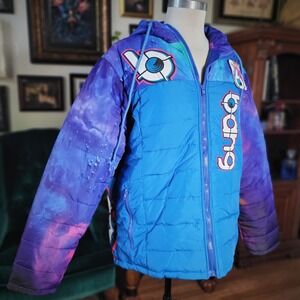 Bang Unisex Puffer Jacket‎ NWT Blue Purple Colorblock Hooded Graphic Large